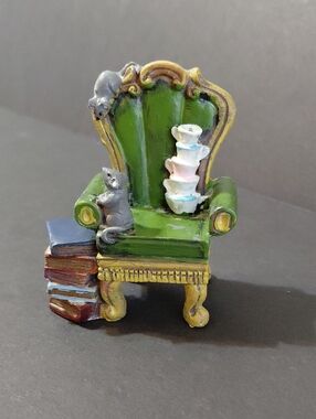 Miniature Polystone Polyresin Green Chair with Mice & Tea Cups